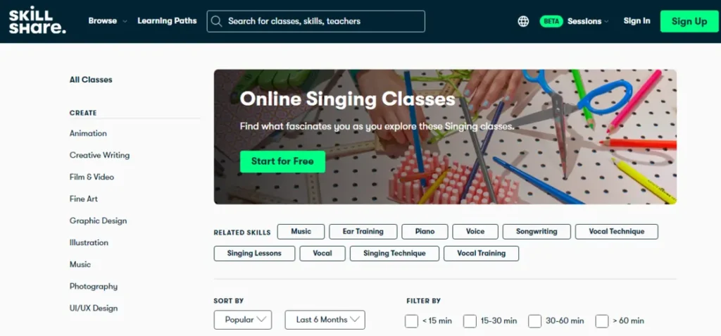 Skillshare online Singing course