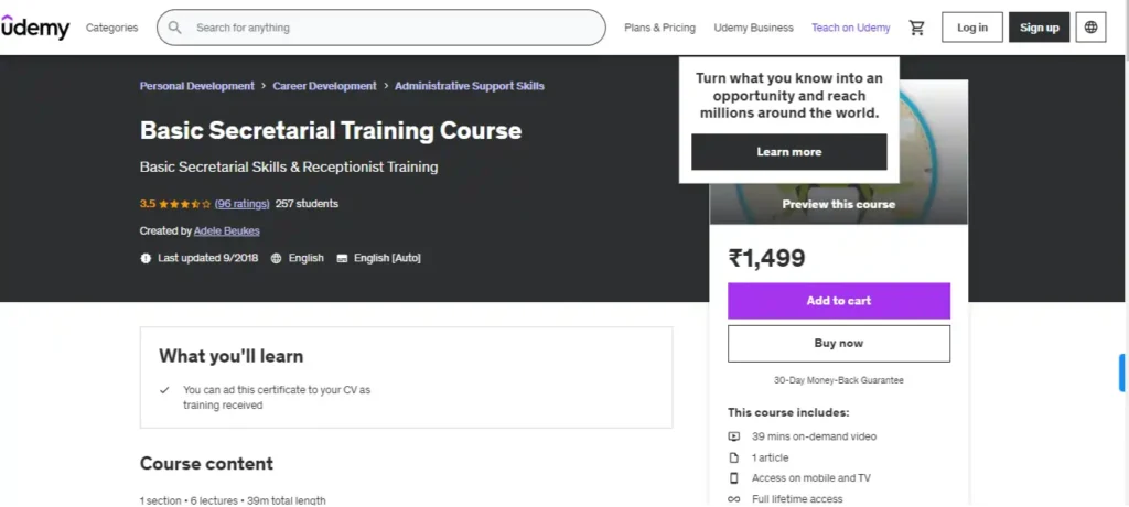 Basic Secretarial Training Course (Udemy)