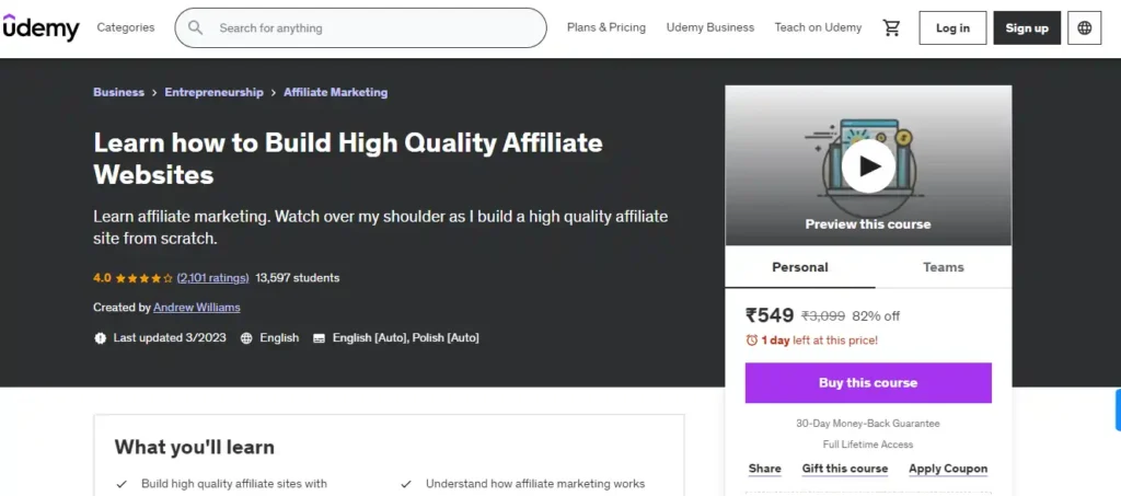 Learn How to Build High-quality Affiliate Websites (Udemy)